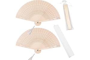 EMSIOK 2PCS Wooden Folding Fan, Vintage Wooden Fan Sandalwood Fan Handheld Folding Fans Wooden Hand Fan Chinese Sandalwood Fan with Organza Bags Fan Box Tassel for Women Foldable Wedding Favors Baby Shower