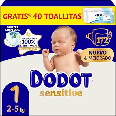 Pañales Bebé Sensitive Talla 1 (2-5 kg), 172 Pañales + 1 Pack de 40 Toallitas Gratis de Aqua Plastic Free, Nº1 en Protección de la Piel de Dodot, Pack Mensual