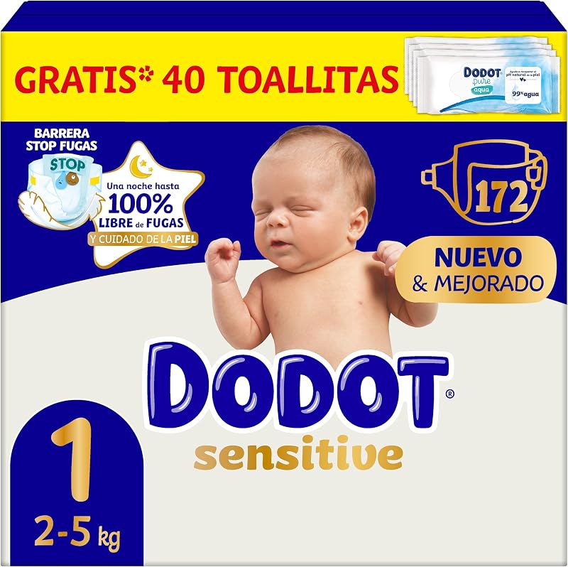 Pañales Bebé Sensitive Talla 1 (2-5 kg), 172 Pañales + 1 Pack de 40 Toallitas Gratis de Aqua Plastic Free, Nº1 en Protección de la Piel de Dodot, Pack Mensual