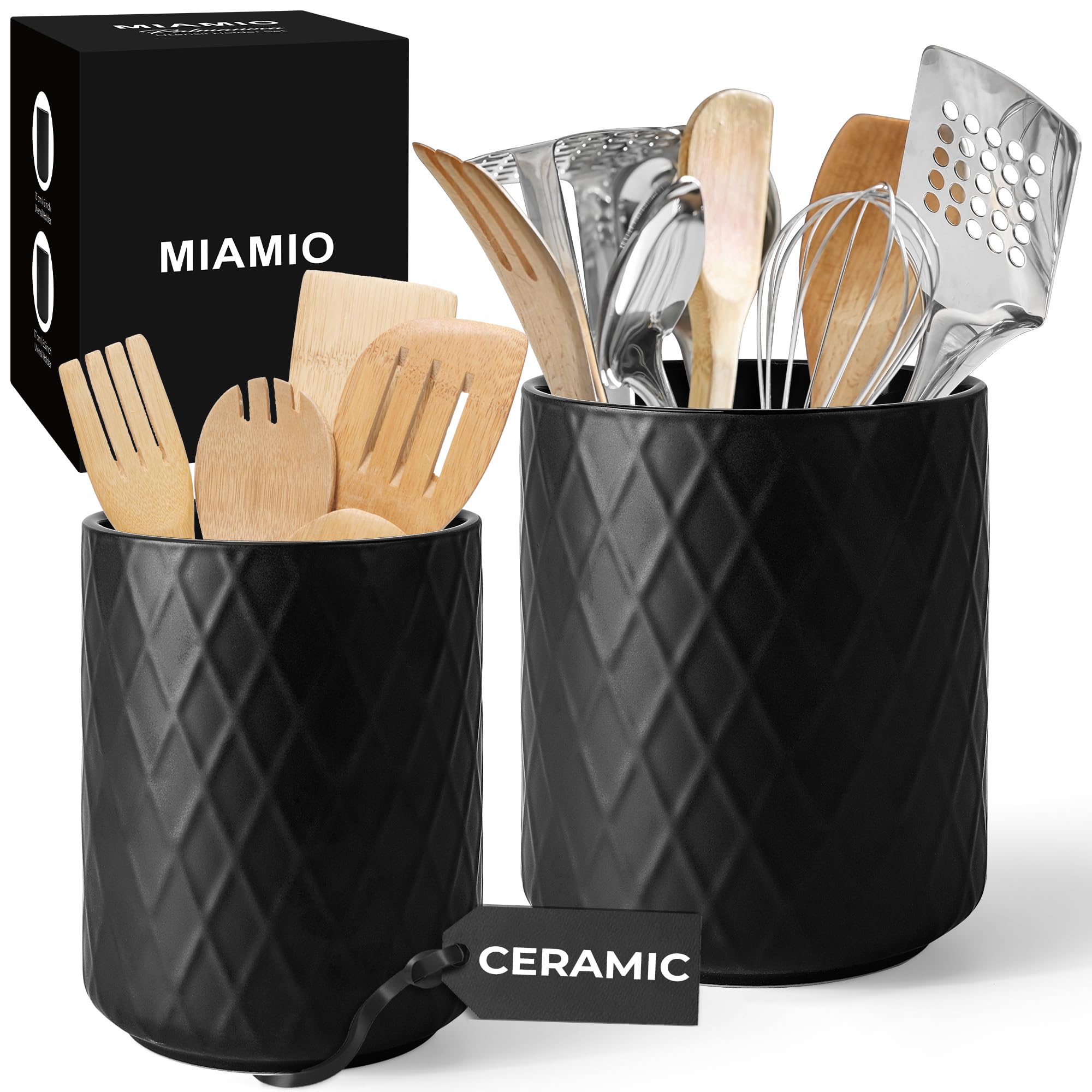 Photo 1 of MIAMIO – Kitchen Utensil Holder Ceramic/Kitchen Organizer Set, Farmhouse Decor for Organizing Countertop and Storing Cutlery, Cooking Spoons, and Accessories - Palmanova Collection (Black)
