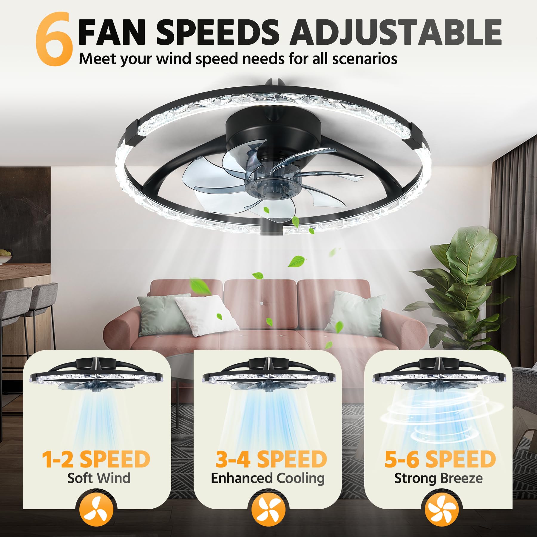 Hordxin Flush Mount Ceiling Fans with Lights and Remote, 19.7'' Ultra Low Profile Ceiling Fan, 3000K-6500K Dimming Modern LED Fan Light, 6 Wind Speeds, Black Fandelier Kitchen Fans Ceiling with Lights