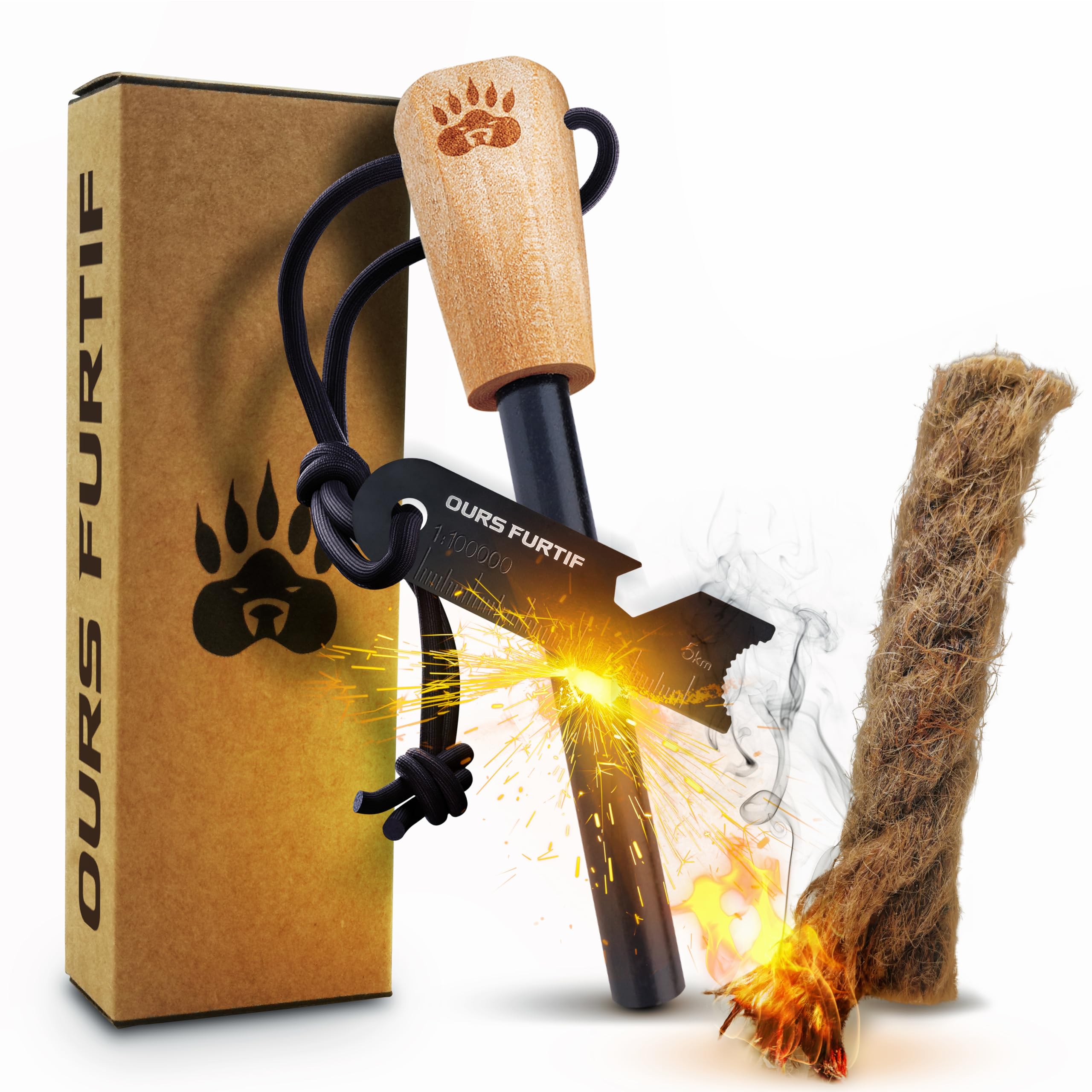 Survival Flint and Steel - Fire Starter Ferrocerium XL 10mm - Light More Than 15,000 Fires Ferro Rod - Firelighter Included - Firestarter Survival Kit for Camping, Bushcraft (Jute rope)