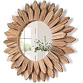 Honiway Wall Mirror Decorative 12 inch Rustic Wood Mirror Sunburst Boho Mirror for Entryway Bedroom Living Room Bathroom Hous