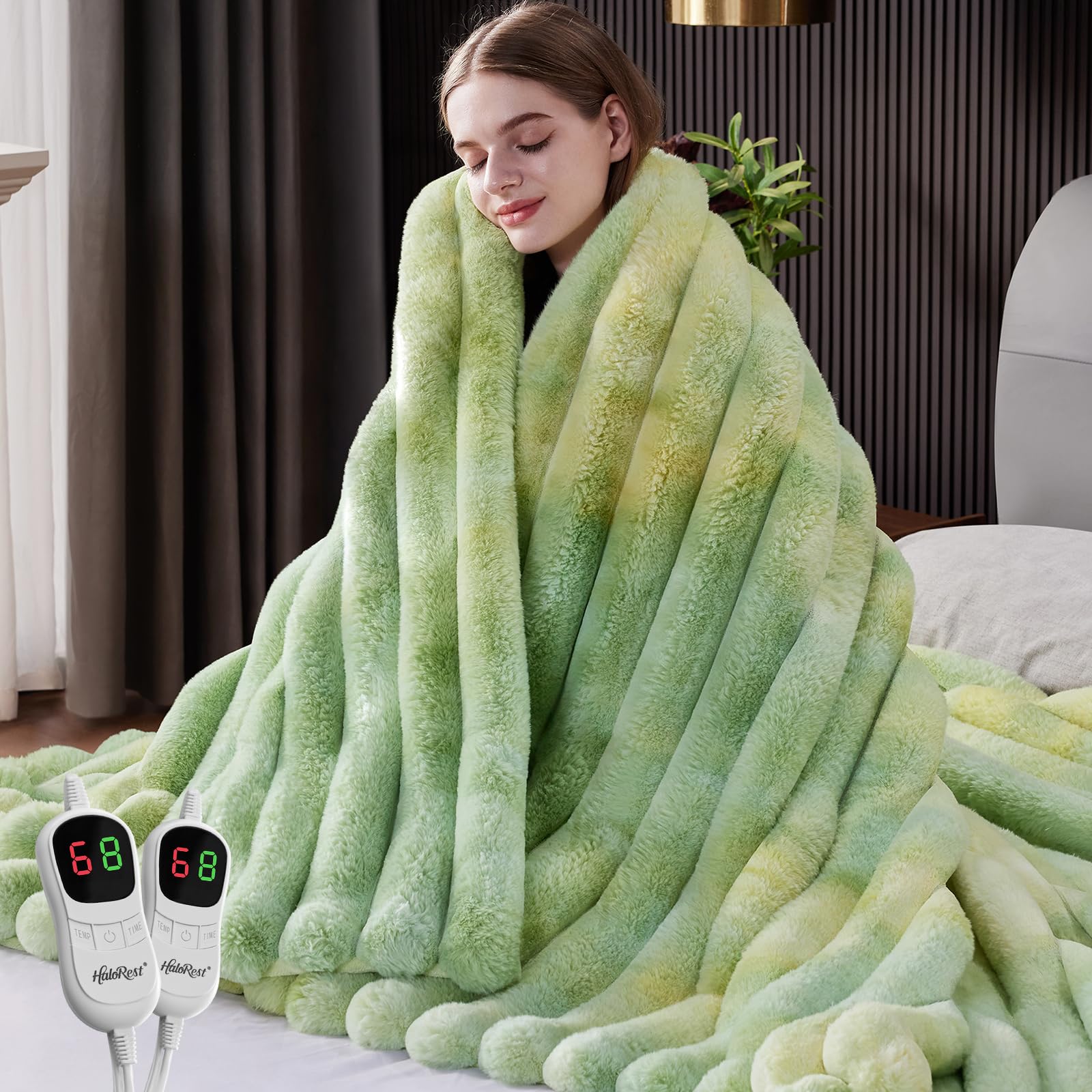 HaloRest Heated Throw Blanket, Faux Fur Cozy Heating Blanket with Overheat Protection, 1/2/4/6/8 Hours Auto-Off 10 Heat Level, Machine Washable (90x100 Inches, Tie-Dye Green)
