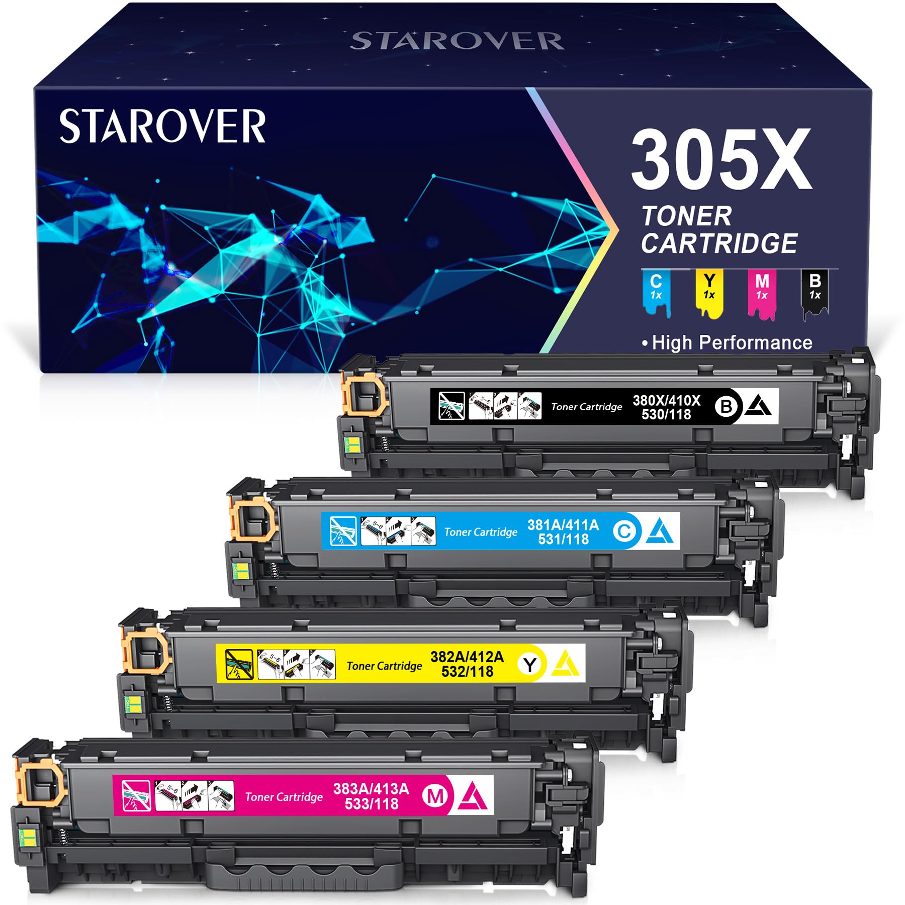 STAROVER 305X CE410X Remanufactured Compatible Toner Cartridge Replacement for HP 305A CE411A CE412A CE413A for HP LaserJet Pro 400 color M451dn M451nw M451dw MFP M475dw M475dn M375nw M351a (4-Pack)