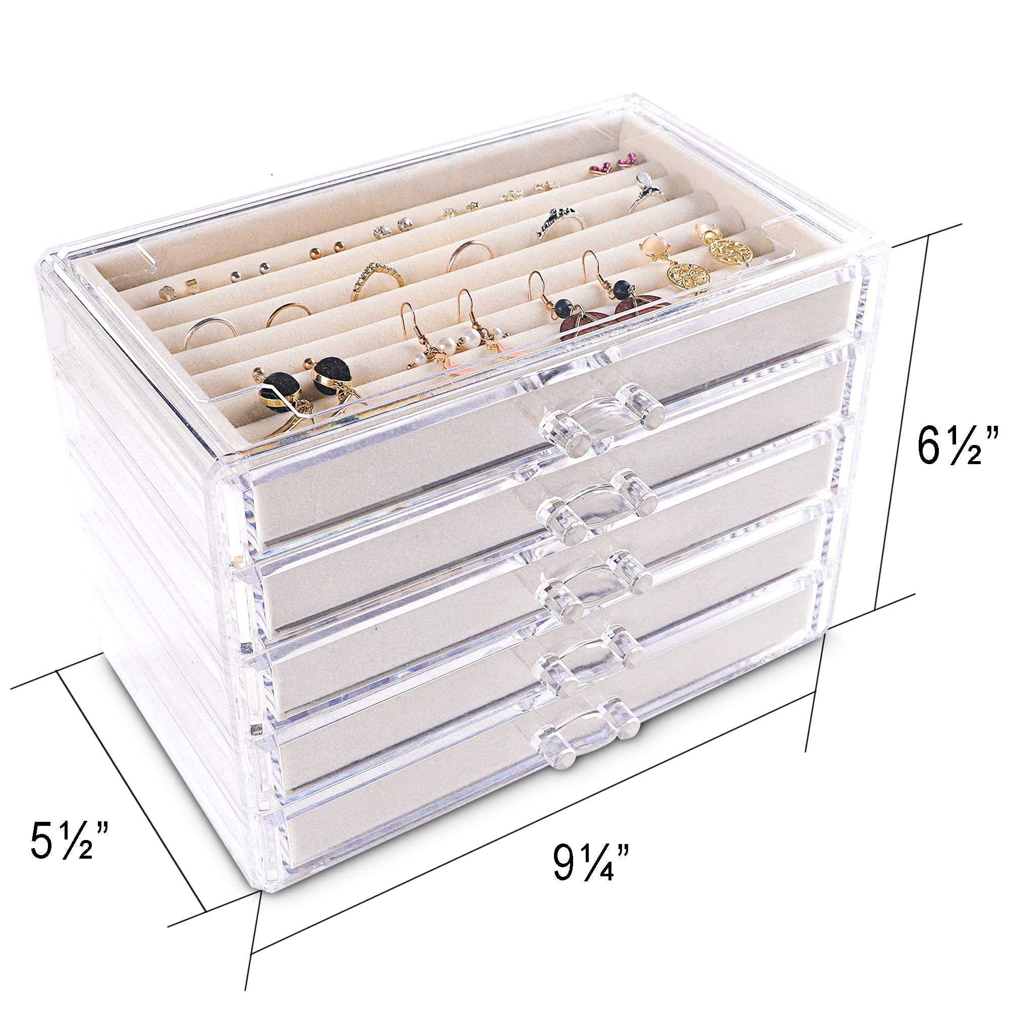 Frebeauty Frebeauty Extra Large Acrylic Jewelry Box for Women Girls 5 Layers Clear Velvet Earring Organizer with 5 Drawers Rings Display Case Necklaces Holder Tray (Beige)