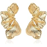 Flyonce Gold Silver Flower Earrings for Women, Fashion Chunky Statement Tropical Floral Petal Stud Earring Hypoallergenic Summer Boho Jewelry for Beach Holiday Wedding Formal Party