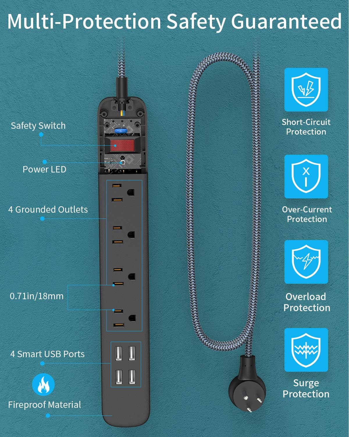 Surge Protector Power Strip with USB - NTONPOWER Flat Plug Power Strip Long Cord, 15 ft Braided Extension Cord, 4 Outlets 4 USB Desktop Charging Station, 1700 Joule, Circuit Breaker, for Home, Office: Home Audio & Theater