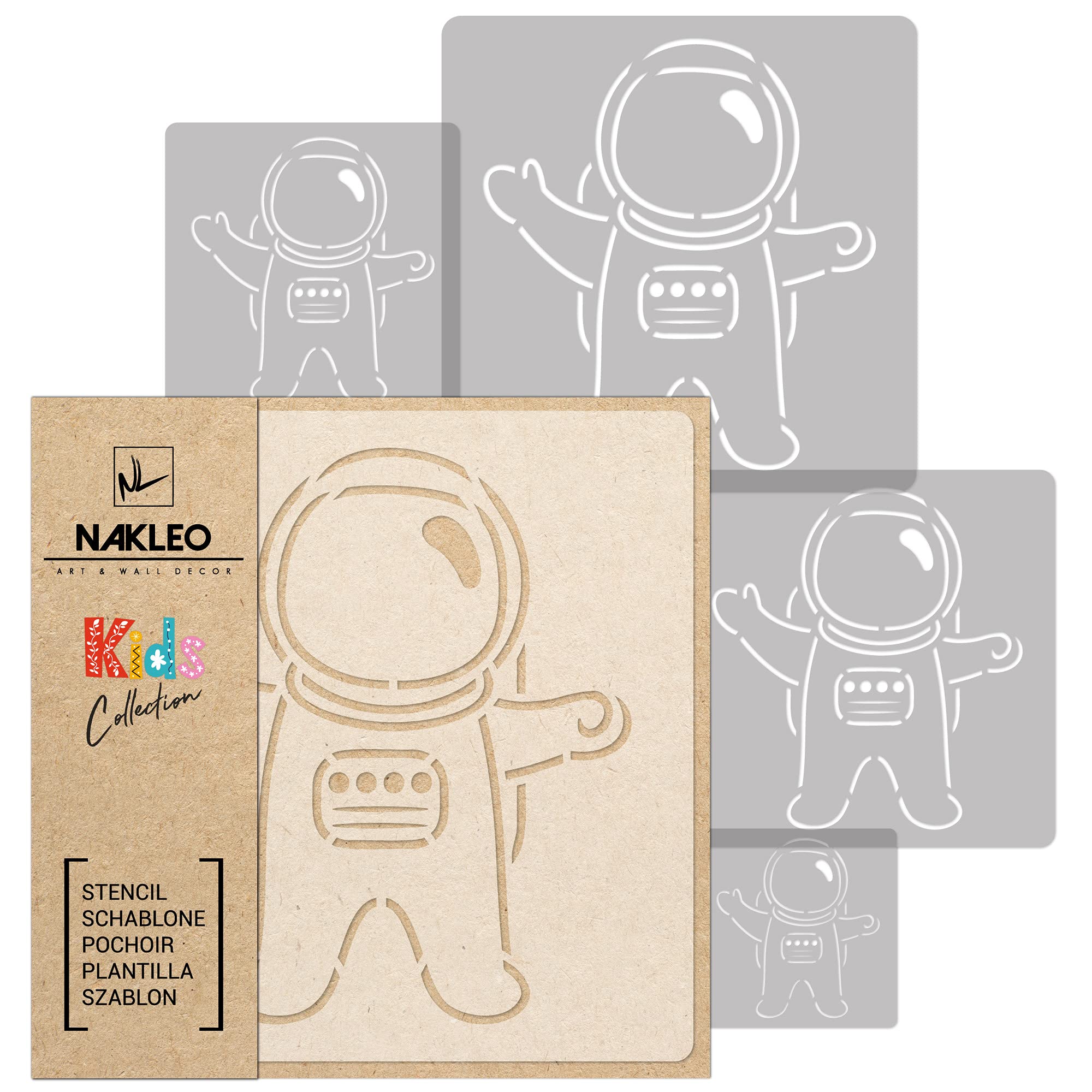 NAKLEO Painting Stencils Set for Nursery Room, 5 Pcs Templates 9x9 to 34x34cm Astronaut Spaceman Cosmonaut, Plastic and Reusable Drawing Stencils, Decor, Craft DIY Wall Furniture