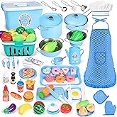 105Pcs Kids Kitchen Playset, Play Kitchen Accessories, Pretend Play Food Tea Party Set, Toy Kitchen Kids Cooking Real with Apron&Chef Hat, Utensils Cookware, Toy Organizer, Birthday Gift for Toddler