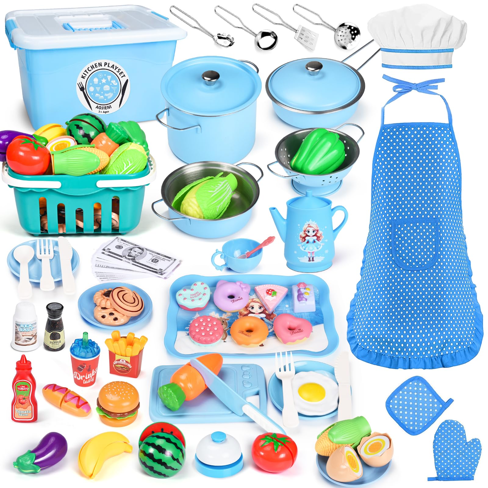 Photo 1 of 105Pcs Kids Kitchen Playset, Play Kitchen Accessories, Pretend Play Food Tea Party Set, Toy Kitchen Kids Cooking Real with Apron?Chef Hat, Utensils Cookware, Toy Organizer, Birthday Gift for Toddler