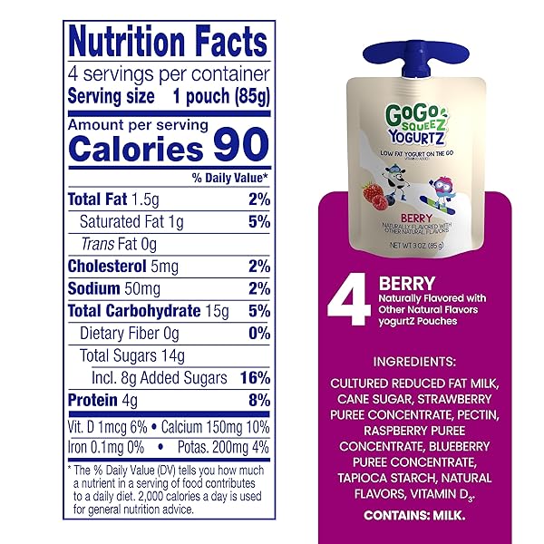 GOGO SQUEEZ YOGURTZ BERRY, 3 OZ. (4 POUCHES) – KIDS SNACKS MADE FROM REAL YOGURT AND FRUIT – PANTRY FRIENDLY SNACK, NO FRIDGE NEEDED – NO PRESERVATIVES- KOSHER CERTIFIED – GLUTEN FREE SNACKS FOR KIDS