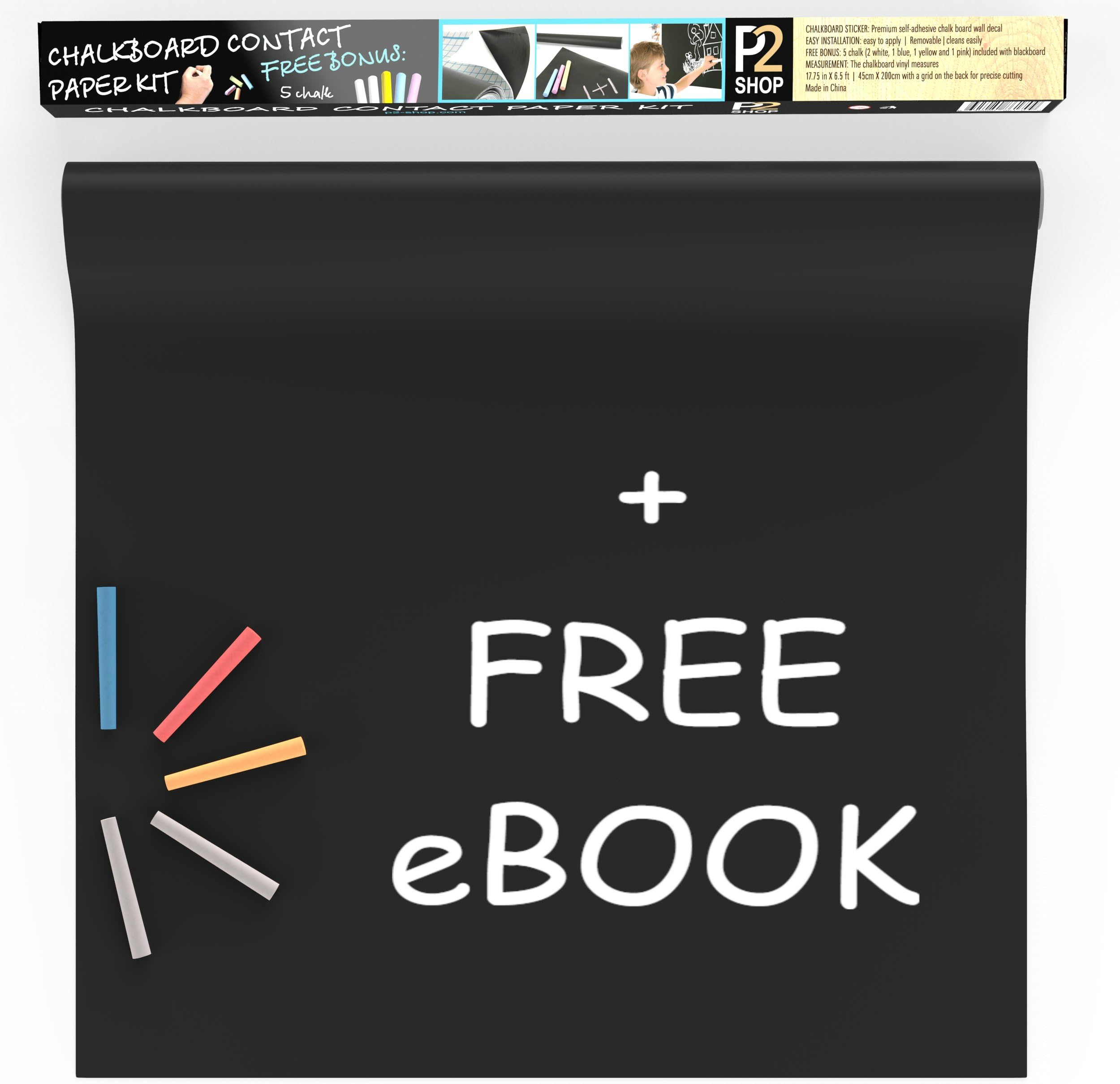 Best Multi-Purpose Chalkboard Contact Paper by P2Shop - Free Drawing eBook - Convenient & Space Saving - Applies To Every Surface - Ideal For Restaurant Menu, Offices, Teachers & Children