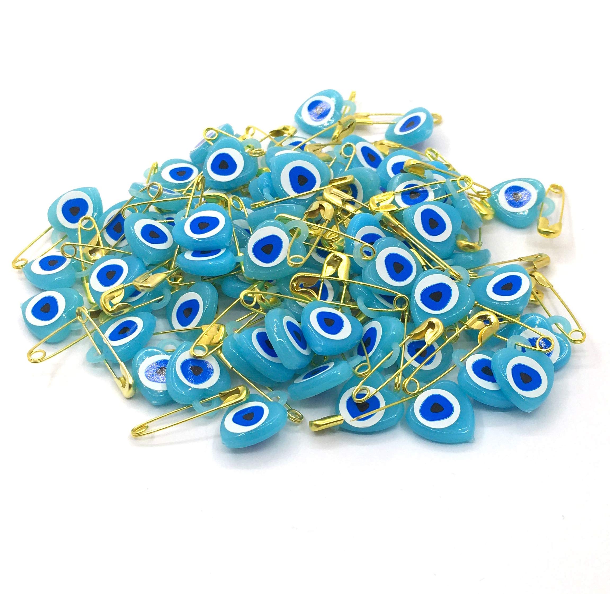 Perlin Nazar Boncuk with Safety Pin Evil Eye Lucky Charm Talisman Heart Blue Eye Evil Eye for Giving as a Party Bag for Birth Christening Wedding Pack of 100 (Turquoise Blue)