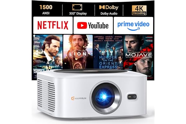 HAPPRUN 1500 ANSI Lumens Outdoor Projector with Built-in Streaming Apps, 4K Decoding Resolution, Auto Focus, Dolby Audio, Smart Projector with WiFi 6 and Bluetooth 5.2, Indoor Home Theater