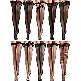 Fourluoo 10 Pairs Silk Fishnet Thigh High Stockings Women Lace Top Sheer over Knee Stocking for Halloween