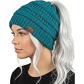 Funky Junque Ponytail Beanie for Women - Winter Ponyback Hat Soft Stretch Cable Knit High Pony Tail Womens Running Hats