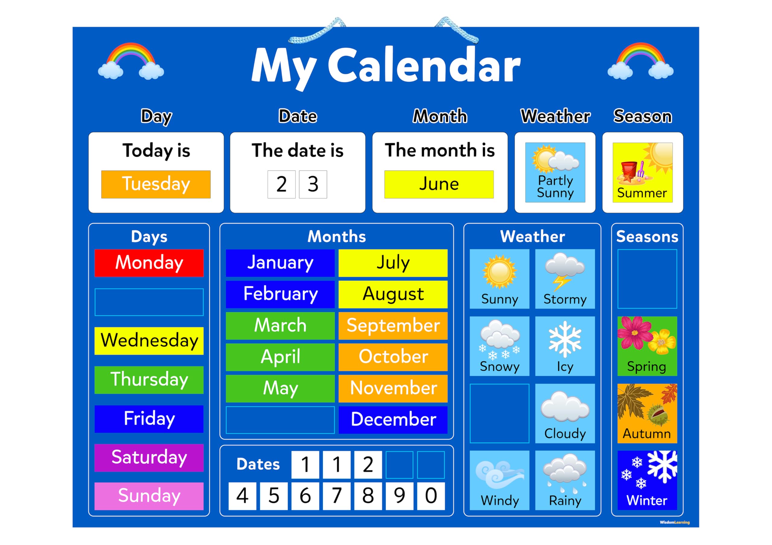 Wisdom Learning Kids Magnetic Calendar Board 40x32cm – Educational Chart with Strong Magnets, Customizable Pieces, Child-Safe for Home/School (My Calendar)