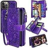 Harryshell Compatible with iPhone 12 Pro Max 6.7 Case Wallet Detachable Magnetic Zipper Leather Cash Pocket 12 Card Slots Holder Wrist Strap (Floral Purple)