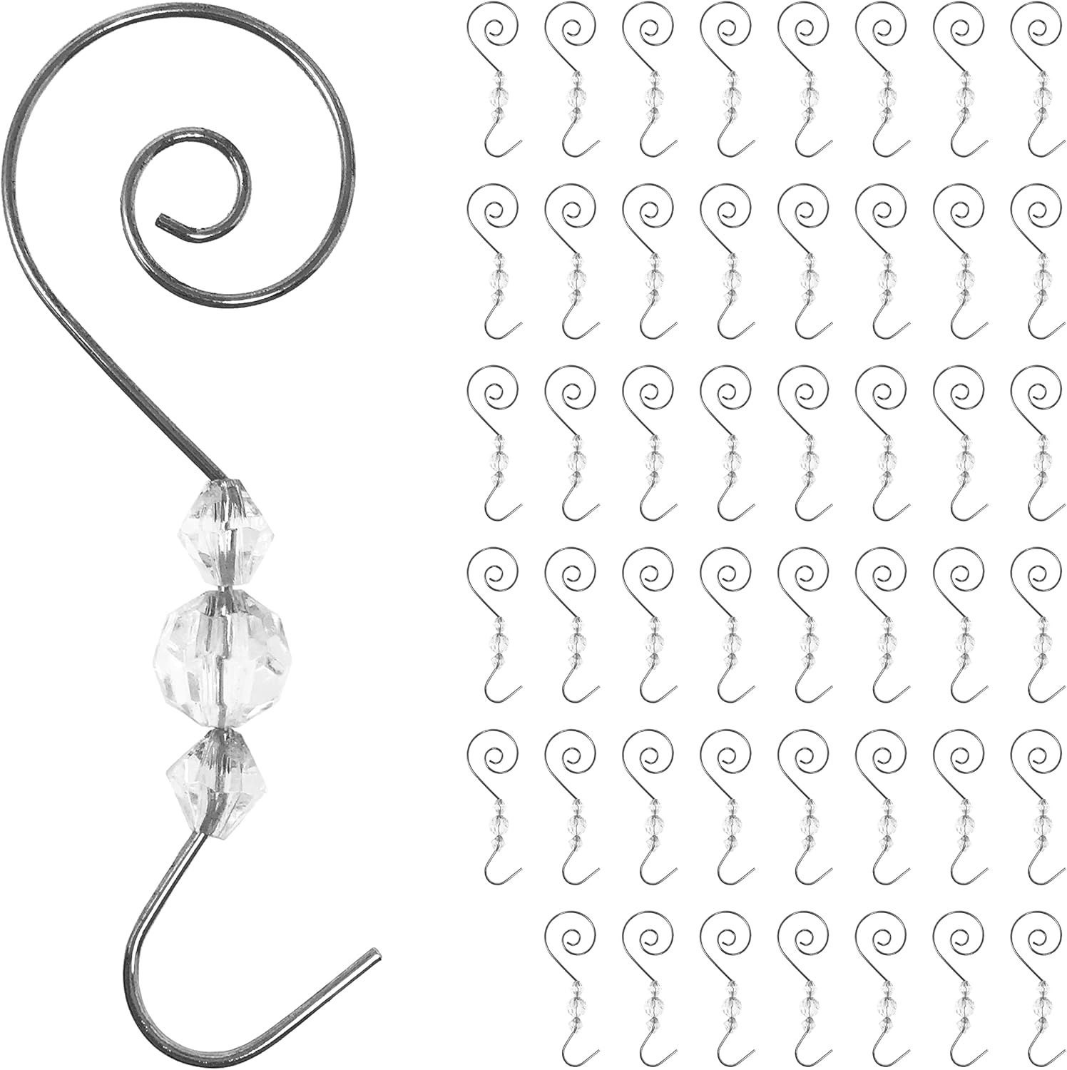Ornament Hooks - BANBERRY DESIGNS Christmas Ornament Hooks Set of 48 Silver Wire Hanging Hook Swirl Scroll Design with Clear Beads