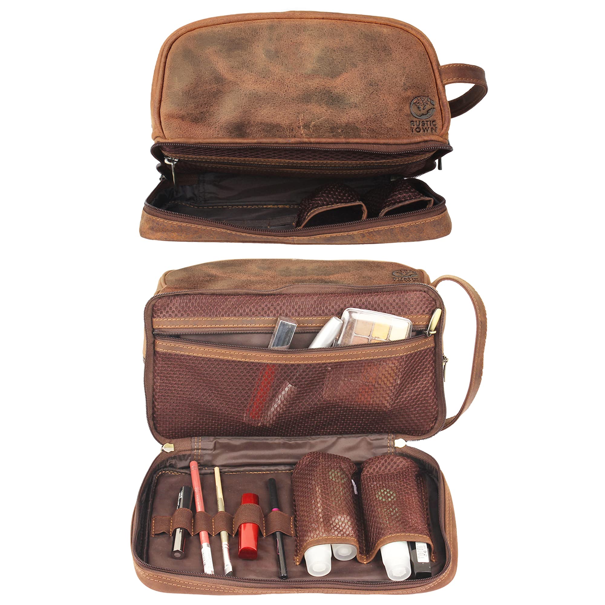 RUSTIC TOWN Leather Toiletry Bag - Waterproof Ditty Kit for Men and Women, Travel Organizer for Full-Size Essentials, TSA Approved
