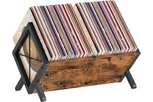 YATINEY Vinyl Record Holder, Record Storage Rack Holds 80-100 LP，Wooden and Metal Record Organizer, Quick Assembly Magazine Holder for CDs, Magazine, Albums, Rustic Brown and Black CJ06BR