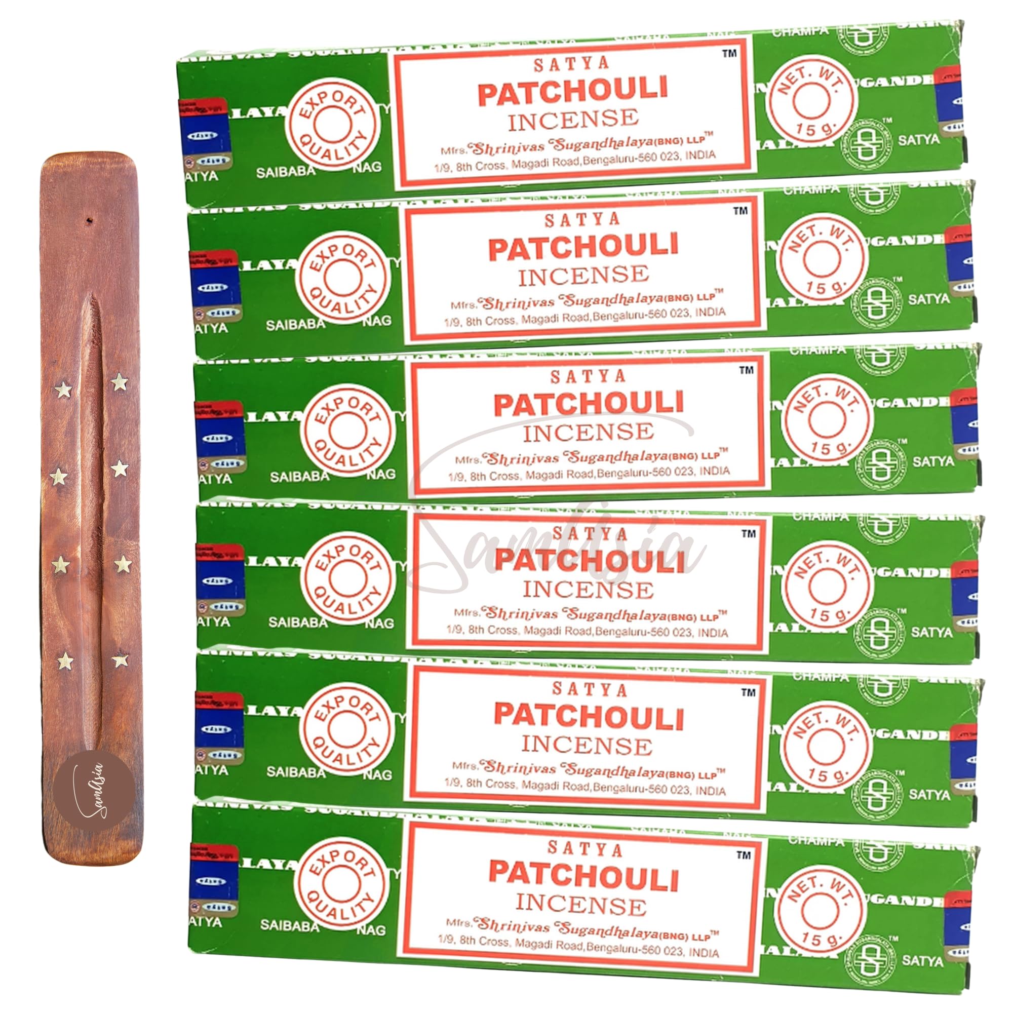 Satya Nag Champa Patchouli Incense Sticks | x6 pack | with SAMASIA incense sticks holder | Used for Aromatherapy, Spa, Yoga, Weddings, Meditation, Healing, Positivity and Relaxation