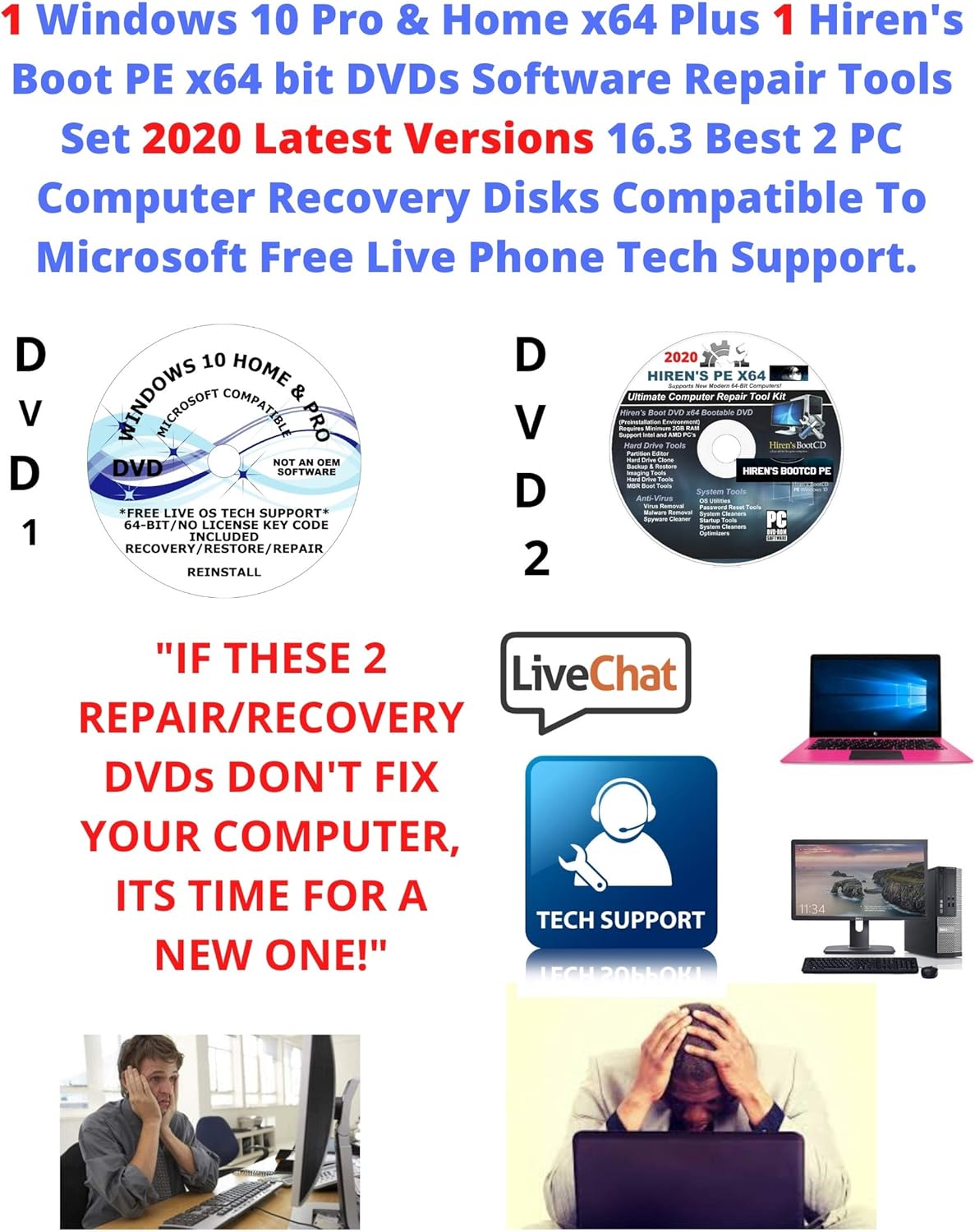 Get 1 Windows 10 Pro & Home Plus 1 Hiren's Boot PE x64 bit DVDs Software Repair Tools Suite 2020 latest version 16.3 Best 2 PC Windows Computer Recovery Disks PC Compatible Free Phone Tech Support.