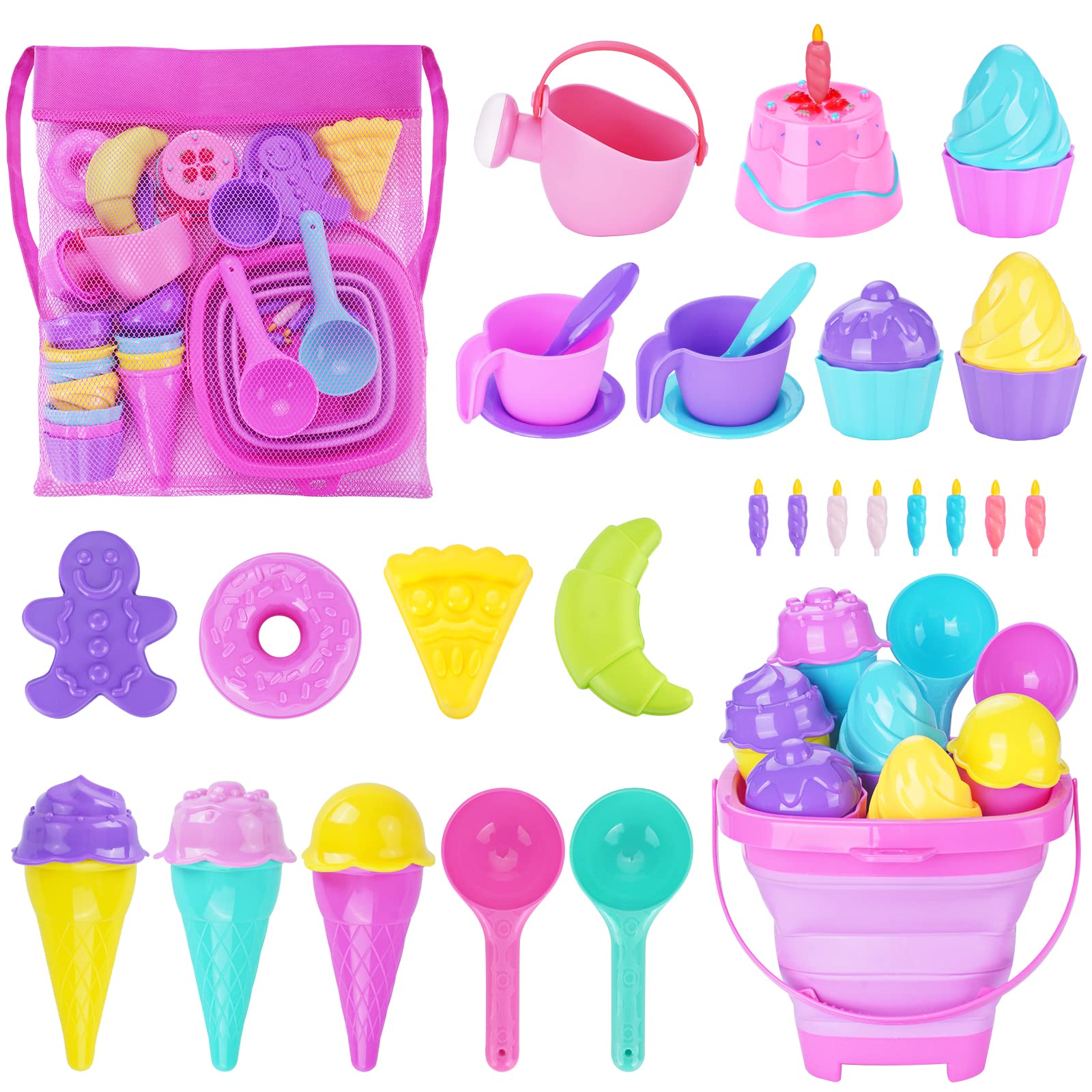 TSDATOWR Ice Cream Beach Toys Sand Toys Set for Kids, Collapsible Sand Bucket and Shovels Set with Mesh Bag, Sand Molds, Watering Can, Sandbox Toys for Kids and Toddlers, Travel Sand Toys for Beach