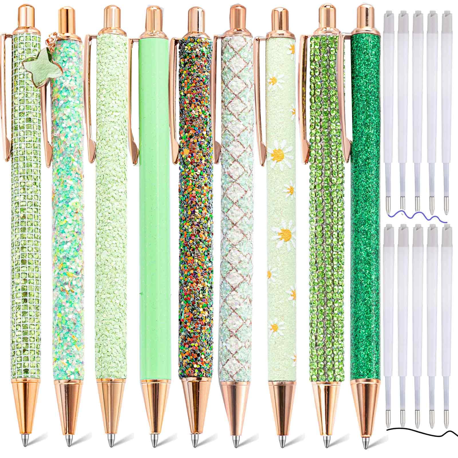 mumrap 9 Pcs Sparkly Pens for Women Fancy Pens with 10 Pcs Black Ink Refills Glitter Pretty pen sets for Ladies Office School Gifts(Green) — image 1