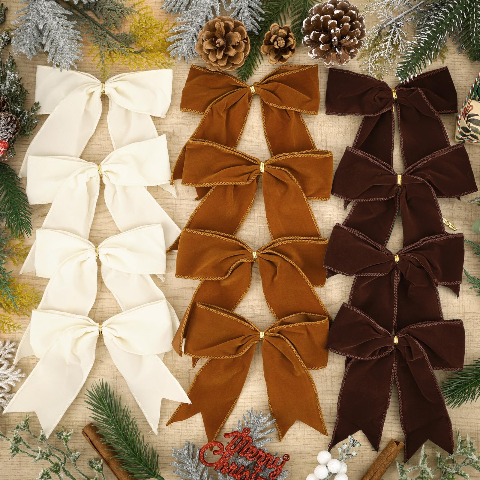 Photo 1 of 12 Pcs Christmas Velvet Bows 6 Inch Rustic Wreath Gift Bows Vintage Xmas Ribbon Bows Holiday Ornaments for Christmas Tree Wreath DIY Xmas Crafts Home Decorations (Brown, Khaki, Creamy White)
