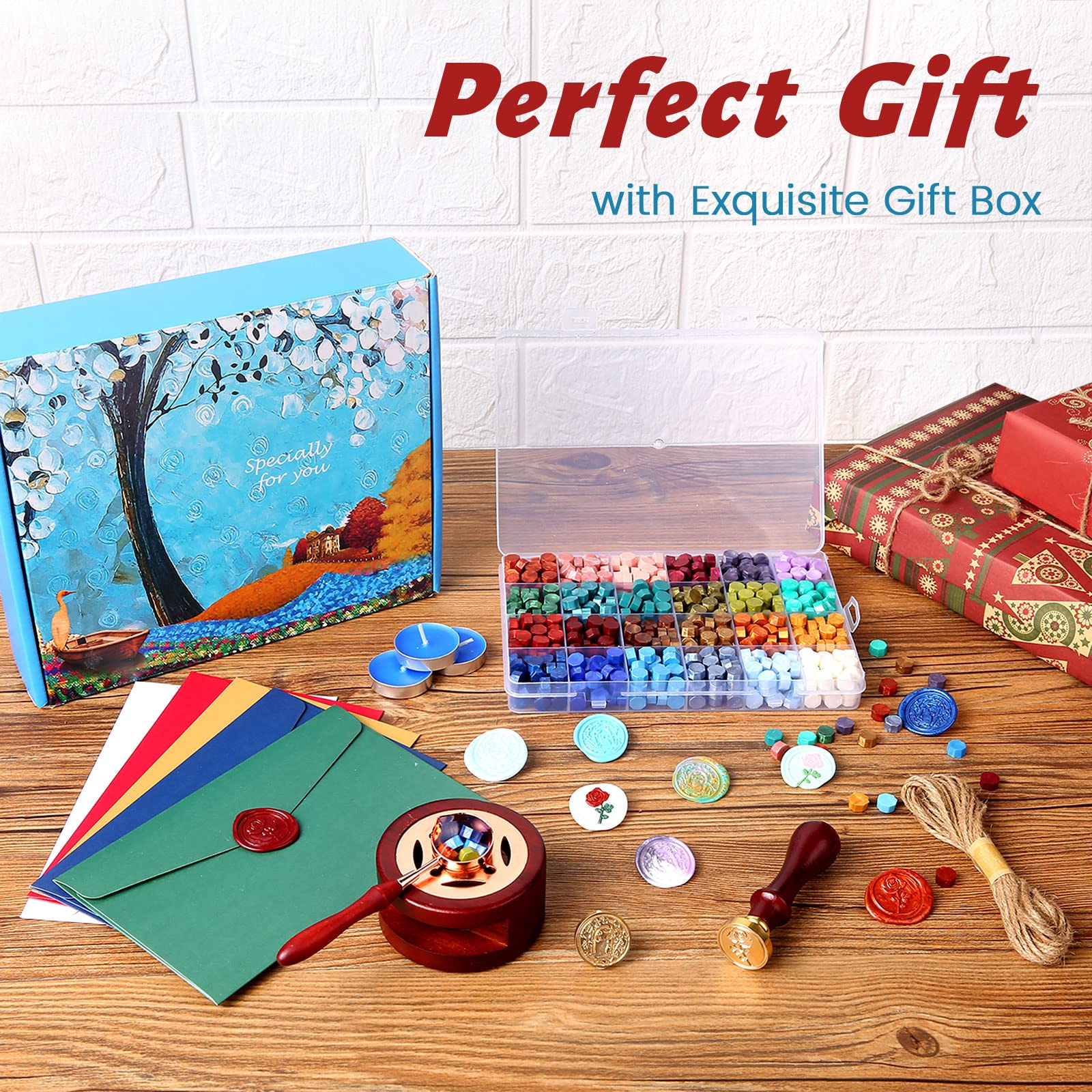 Comealltime Wax Seal Kit with Gift Box, 624 Pcs 24 Colors Sealing Beads, 2 Pcs Stamps, Sealing Wax Warmer, Metallic Pen, Envelope, Candles for Wedding Birthday Gift and DIY Craft, Sellado de Cera