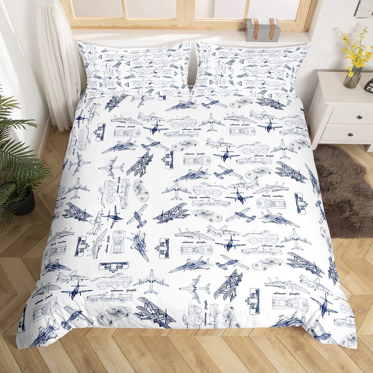 Aircraft Bedding Duvet Cover Set Kids Airplane Print Bedding Set Boys Girls Decor Aircraft Flying Comforter Cover Set Microfiber Sketch Style Blue White Bedspread Cover Bedroom Bedclothes King Size — image 1