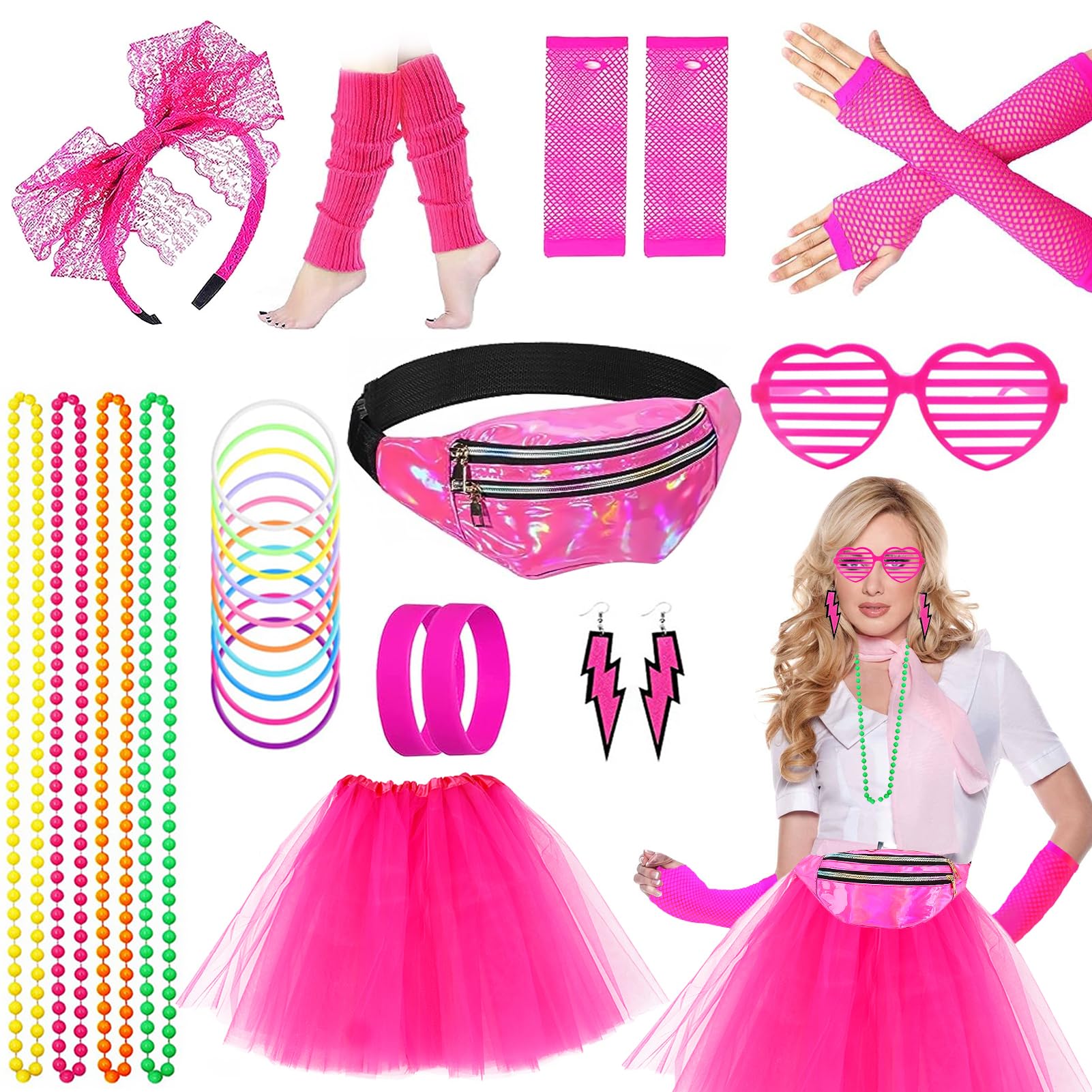 Aonuily 80s Fancy Dress for Women, 1980s Party Costume Accessories Set Tutu Skirt Leg Warmers Earrings Fishnet Gloves Glasses Bracelet Necklace Headband for 80s Party Dress up — image 1