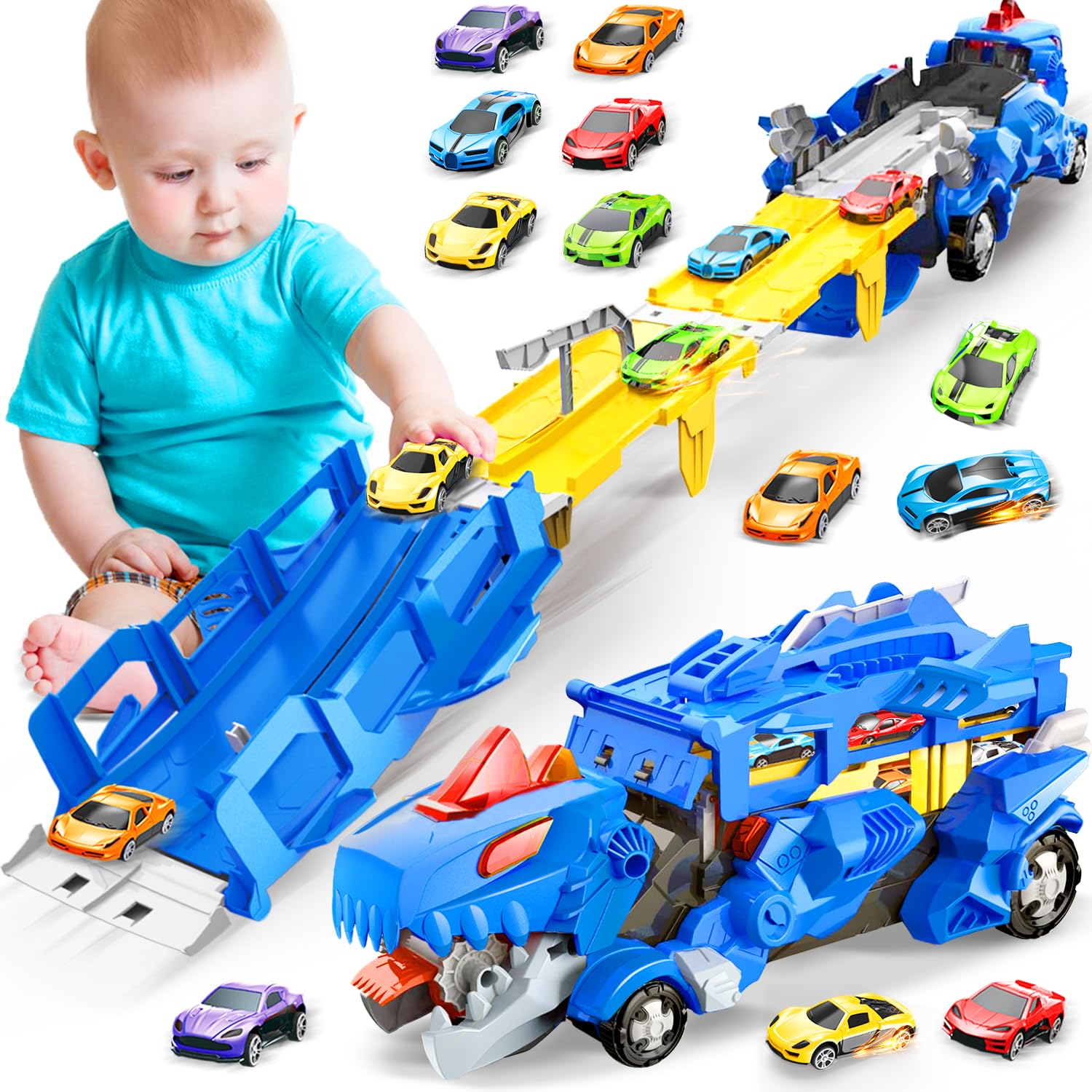 Dinosaur Toys for Kids 3-5, Dinosaur Truck with 6 Cars Toys, Car Track Set, Birthday Gifts Toys for 3 4 5+ Year Old Boys Girls, Transport Carrier Truck for Toddlers, Halloween Presents
