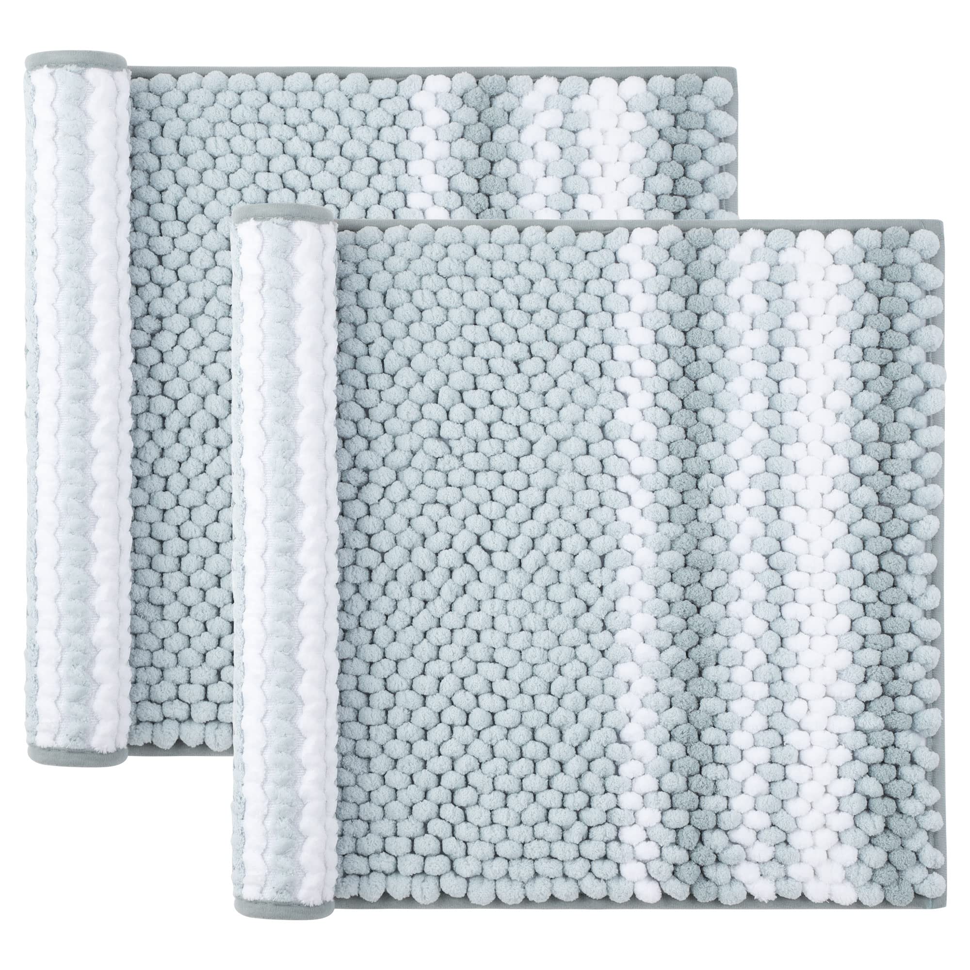 PiccoCasa Chenille Bathroom Rug Set of 2 Extra Soft Fluffy, Non-Slip Bath Mat Shaggy Rugs Absorbent Area Rugs Washable Carpet for Tub, Kitchen Floor Light Cyan and White 43cmx61cm - 2Pack