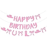 Cowgirl Coquette Birthday Banners 3PCS Cowgirl Bow Coquette Birthday Decorations Glitter Pink Cowgirl Boots and Bow Banners Western Rodeo Party Supplies for Birthdays Party Baby Shower Decor