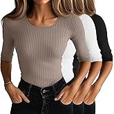 Neer 3 Pack Women's Scoop Neck Ribbed Tops Half Sleeves Shirts Slim Fitted 1/2 Sleeve Causal Basic Knit Tee