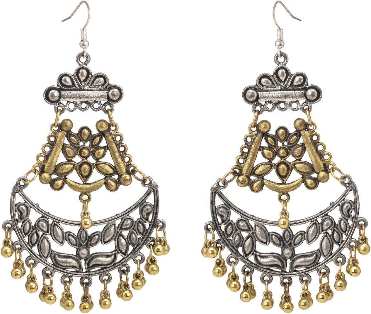 Oreleaa Earrings Ethnic Golden & Silver Metal Chandbalis Hollow Carved Beaded For Women and Girls