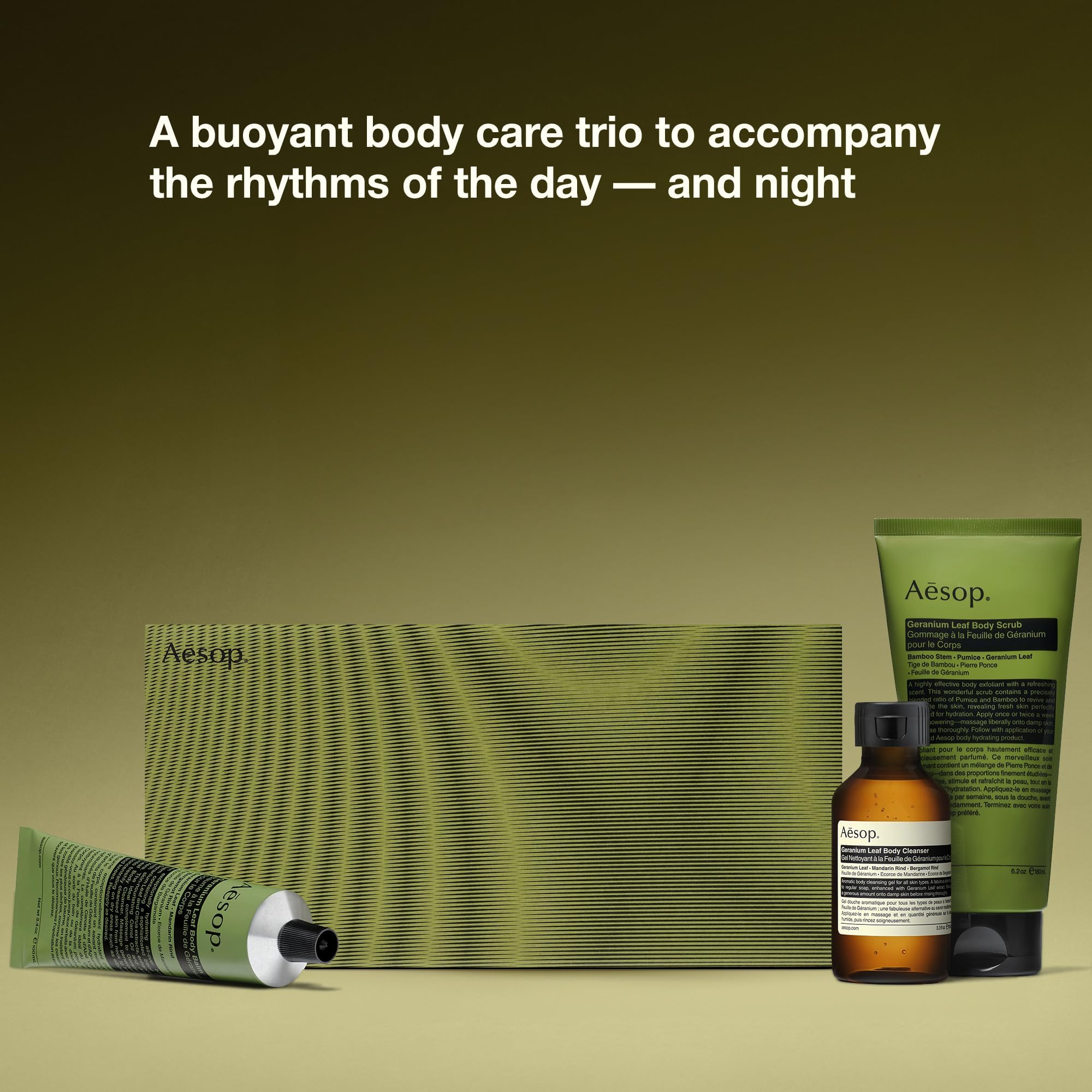 Aesop Geranium Body Care Trio (Body Cleanser 3.3 oz + Body Balm 3.3 oz + Body Scrub 6.2 oz)