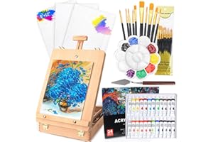 41Pcs Wood Tabletop Easel Set, Wooden Easel Stand with 3Pcs Canvasses 24 Paints 10 Brushes Sketch Box Easel Canvas Stand for 