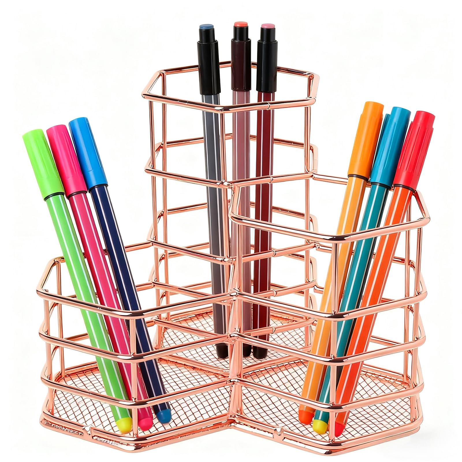 Qualsen Pen Holder for Desk, Rose Gold Metal Pen Pot, Pencil Pot for Desk Organiser, Home Office Supplies and School Stationary Organiser