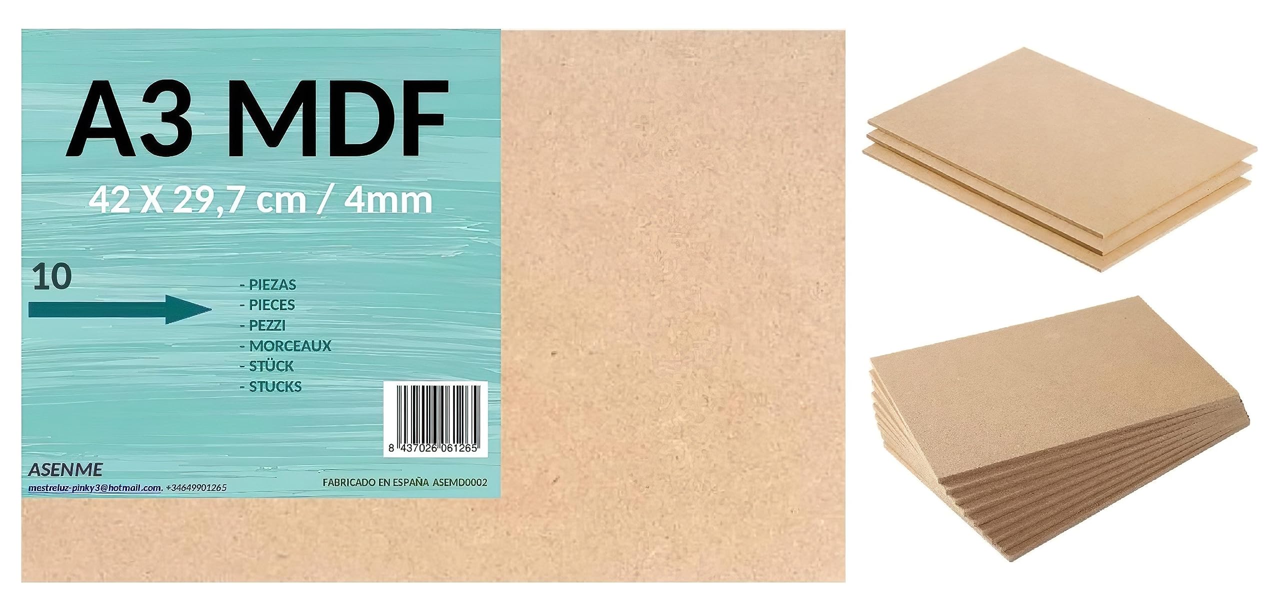 ASENME MDF 10 pcs MDF Wood Sheet 42x29.7x4mm – A3 Size, Wood Board, Wood Sheets, Wood for Crafts (42cm*29.7cm(A3) 10 Units)