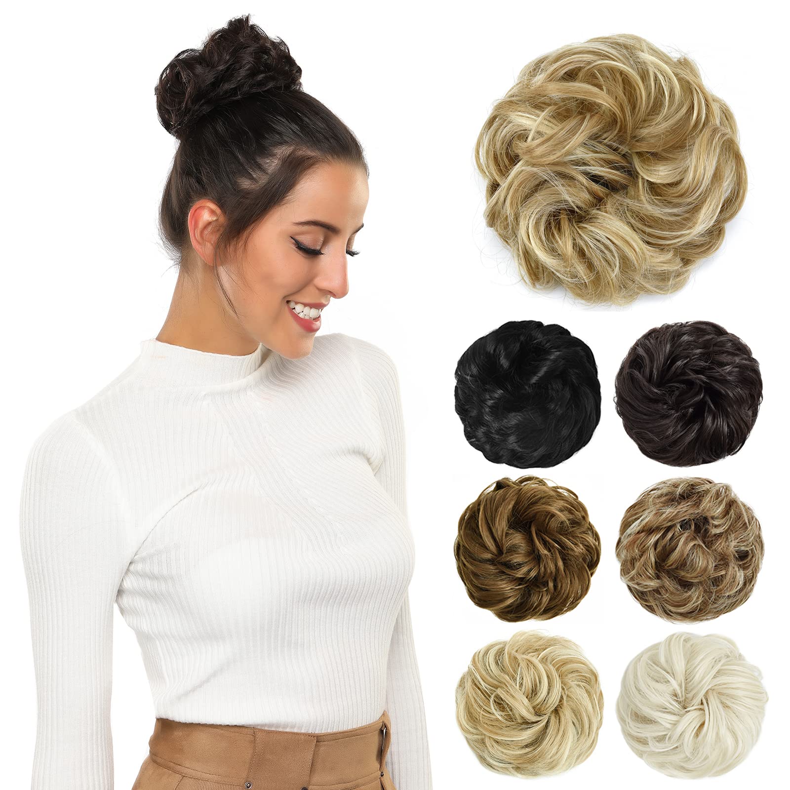 Yamel Messy Bun Hair Pieces for Women Hair Bun Extension Dark Ash Blonde mix Bleach Blonde Updo Curly Messy Bun Scrunchie