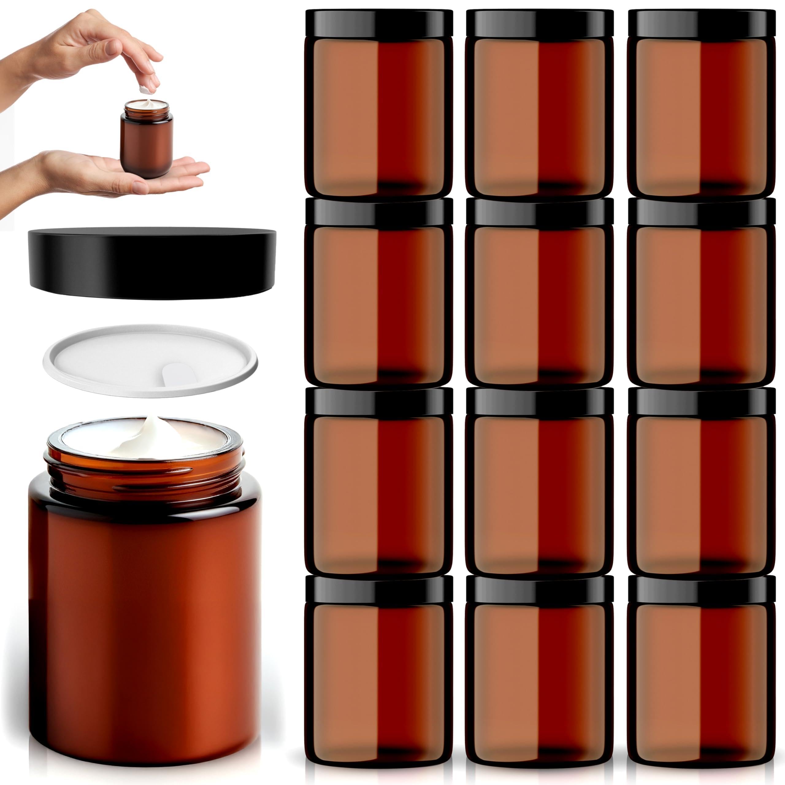 Amber Glass Jars - 12 Pack (240ml) with Lids - Brown Travel Cosmetic Containers with Spatula - UV Protection for Powder, Lotion and Cream