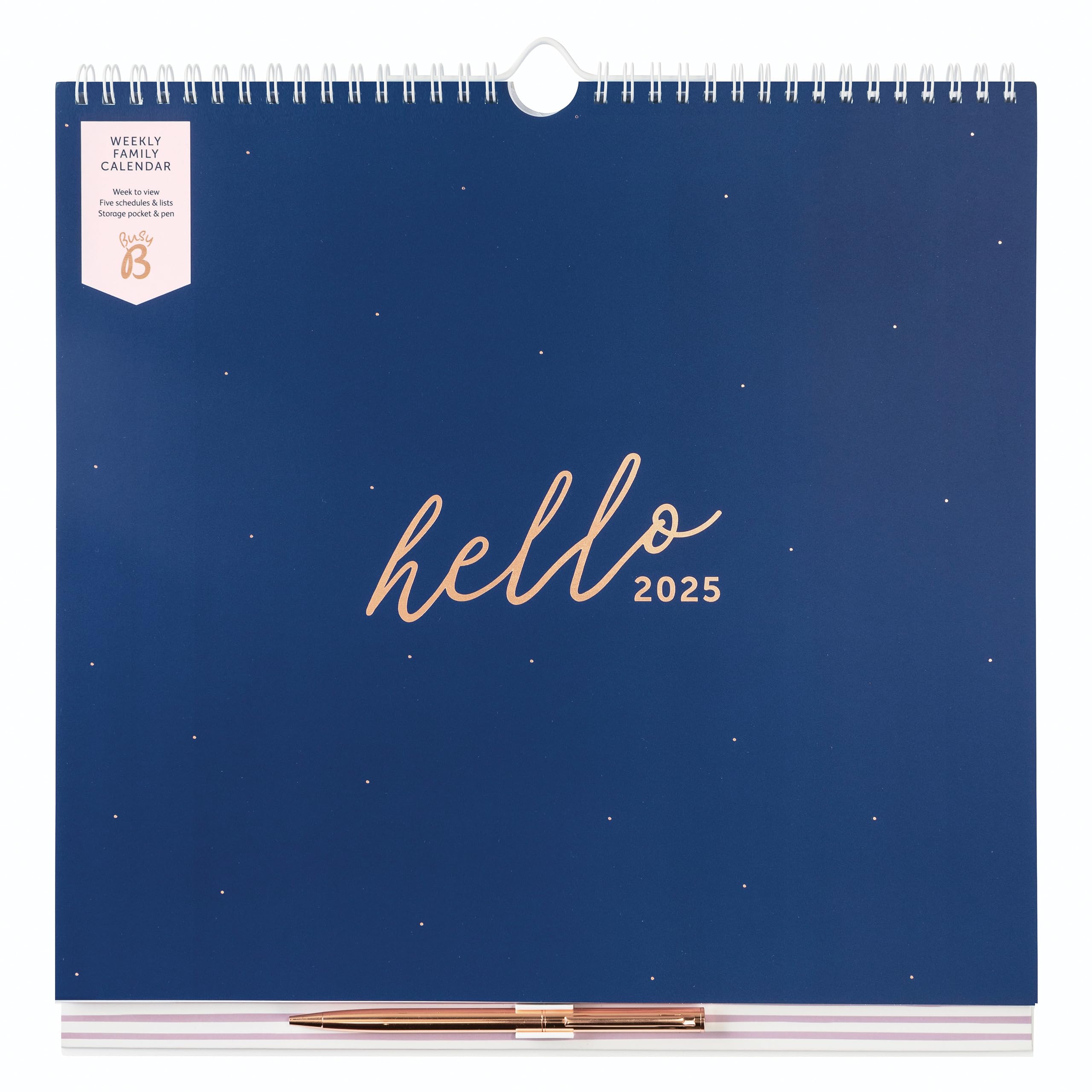 Busy B 2025 Wall Calendar – Weekly Family Calendar for 5 Members with Rose Gold Pen – Navy & Rose Gold A4 - Meal Plans, Shopping Lists, Stickers & Storage Pocket - Week-to-View for Home Organisation