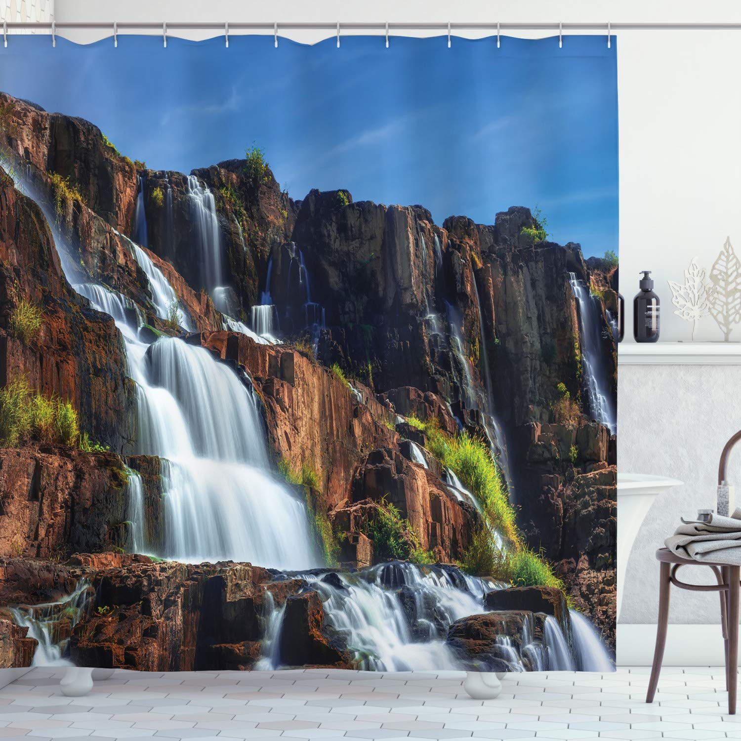 ABAKUHAUS Rainforest Shower Curtain, Pongour Waterfall Exotic Natural Beauty Landscape Mountain Rocks Print, Cloth Fabric Bathroom Decor Set with Hooks, 175 x 240 cm, White Blue