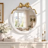 iyabat 28x28 inch Gold and White Bow Mirrors for Wall, Round/Circle God Decorative Wall Mounted Mirror, Irregular Mirrors Suitable for Bedroom, Hallway, Living Room Decoration, Nursery, Girls Room
