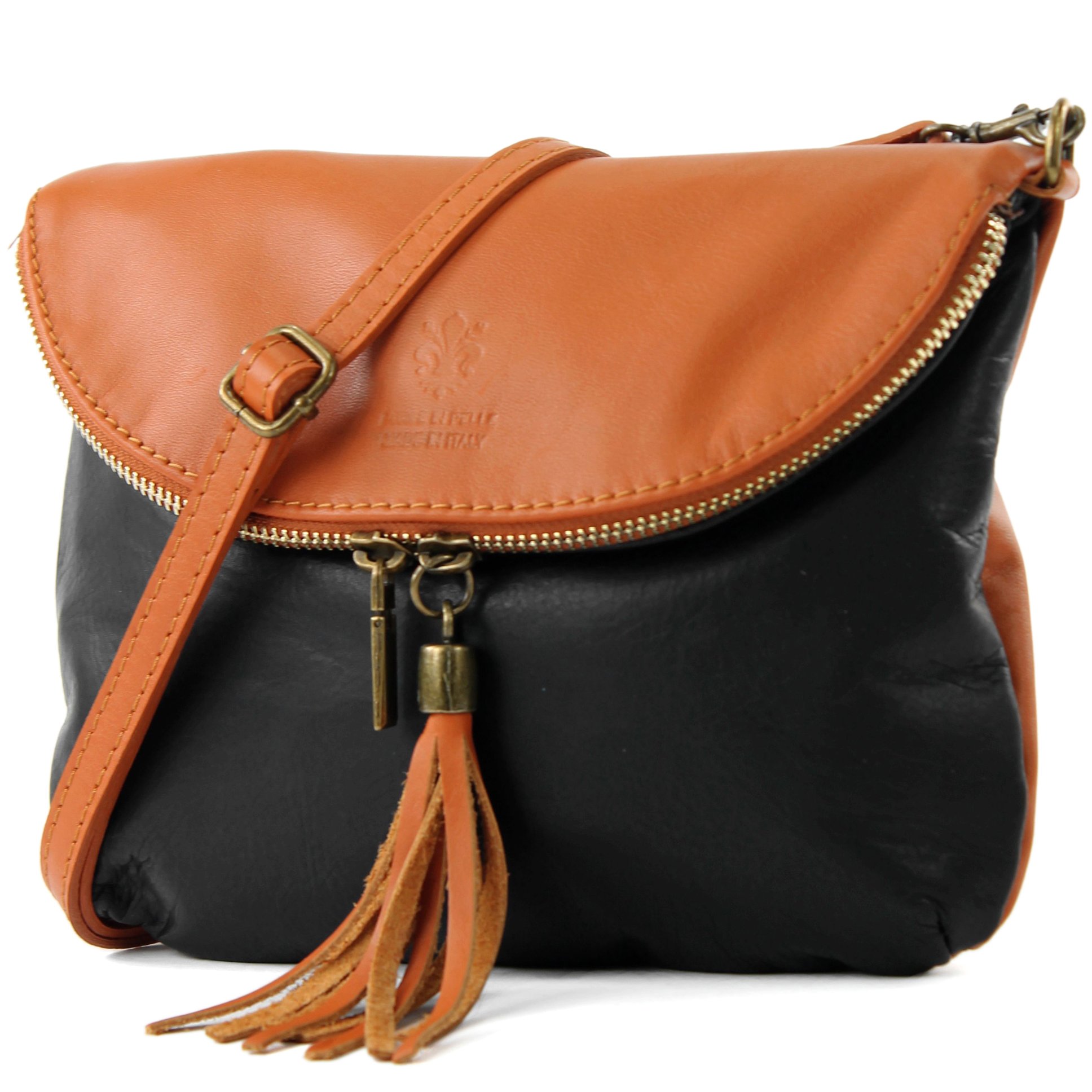 Ital. Leather Bag Clutch Shoulder Bag Underarm Bag Shoulder Bag Girl Small nappa leather T07, Colour:Black/cognac