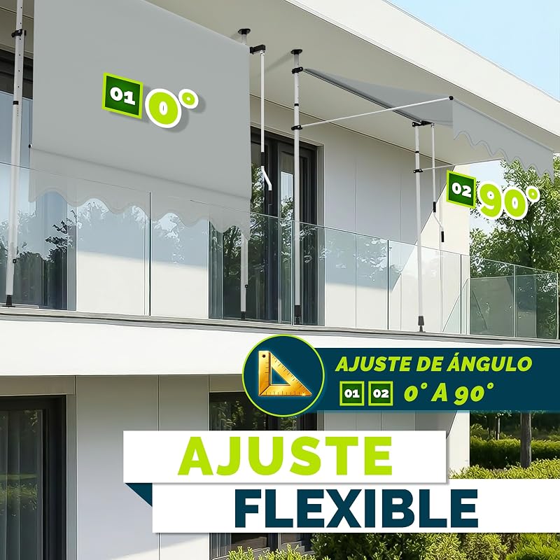 Toldo de gancho Tillvex 250 cm gris claro con manivela manual para balcón | Toldo para balcón sin perforación | Toldo resistente a los rayos UV y ajustable en altura | Protección solar impermeable